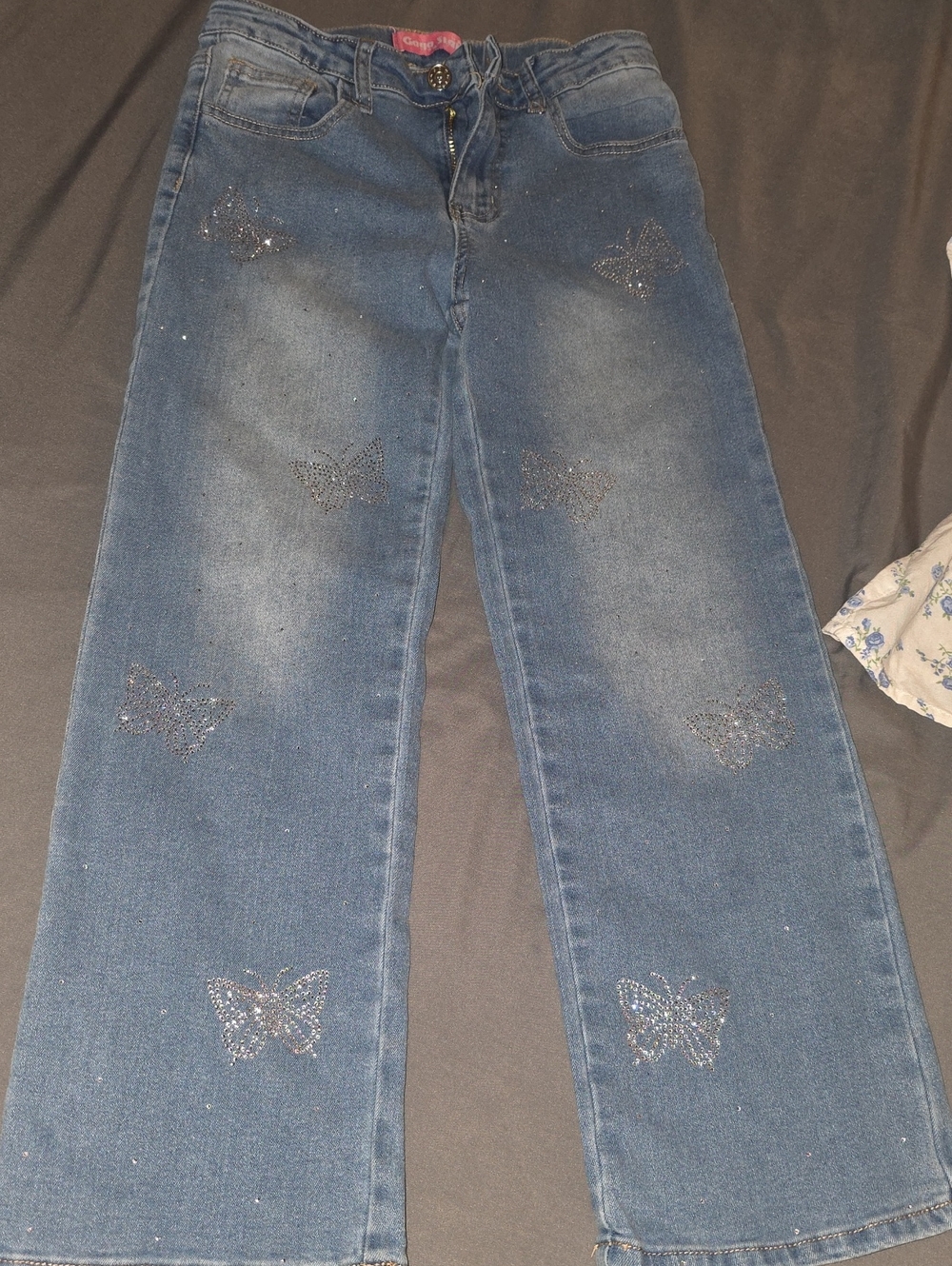 Girls' Blue Denim Jeans with Butterfly Rhinestones